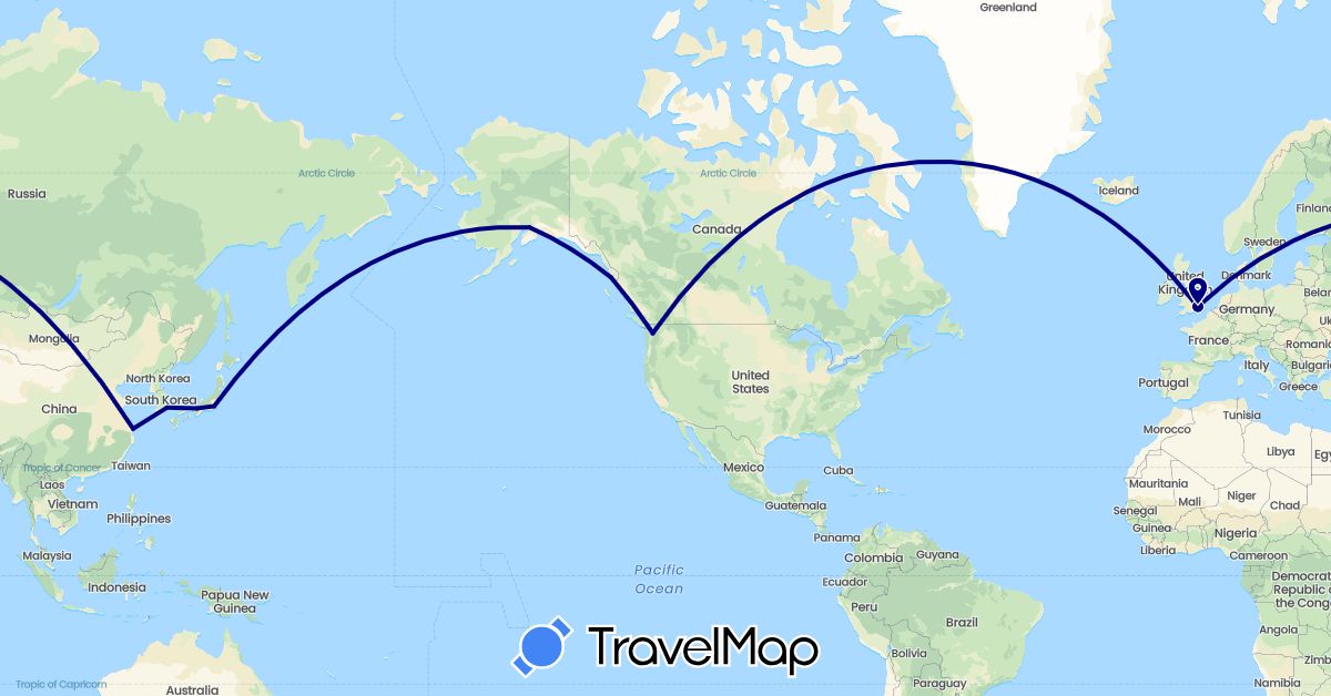 TravelMap itinerary: driving in China, United Kingdom, Japan, South Korea, United States (Asia, Europe, North America)