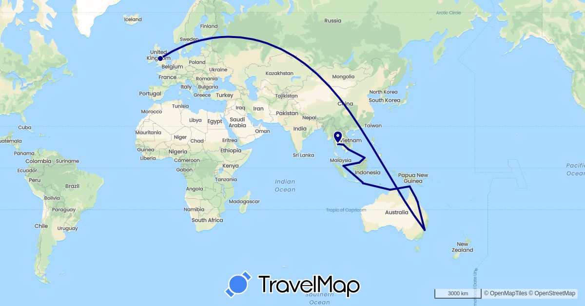 TravelMap itinerary: driving in Australia, Brunei, China, United Kingdom, Indonesia, Cambodia, Malaysia, Singapore, Thailand, Vietnam (Asia, Europe, Oceania)